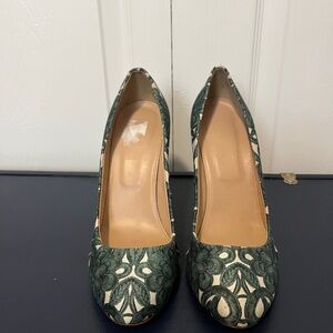 J. Crew Green and Cream Patterned Heels